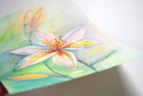 ユリ オリジナル水彩画 モダン絵画 繊細な花アート 39x29cm