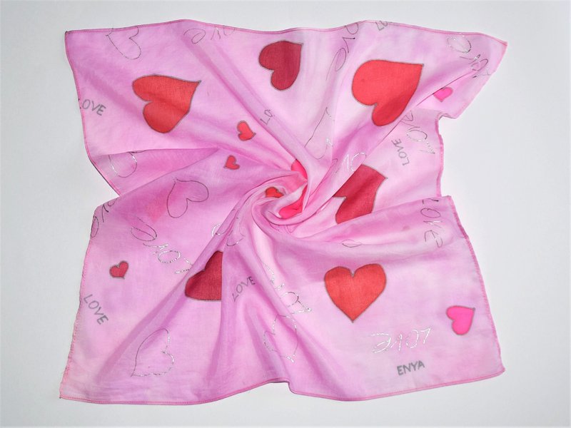 Silk cotton scarf Pink scarf headband Hand dyed silk scarf pink red hearts scarf - 絲巾 - 絲．絹 粉紅色