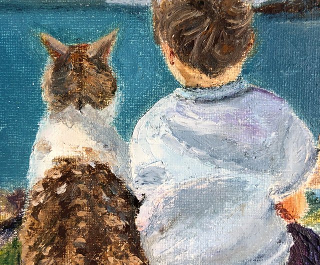 赤ちゃんと猫のオリジナル油絵キャンバス15x20 cm壁アート風景
