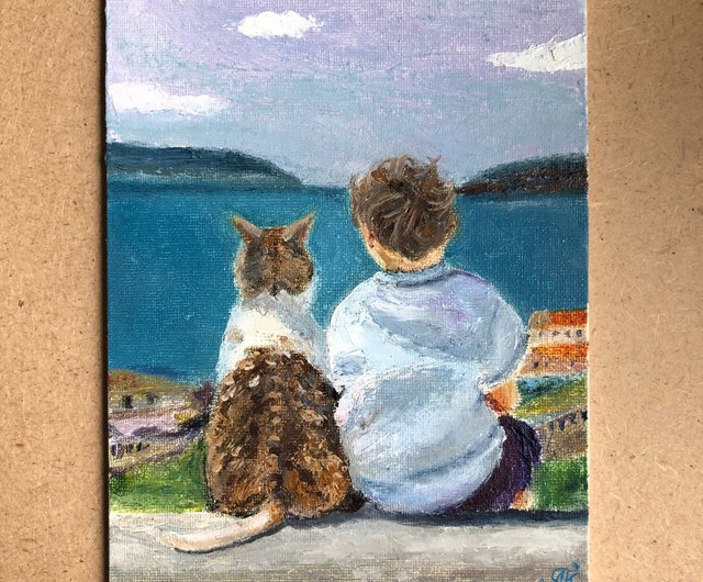 赤ちゃんと猫のオリジナル油絵キャンバス15x20 cm壁アート風景