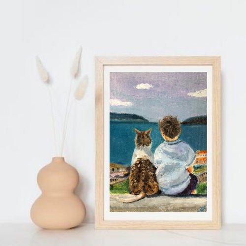 赤ちゃんと猫のオリジナル油絵キャンバス15x20 cm壁アート風景