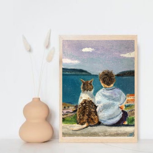 赤ちゃんと猫のオリジナル油絵キャンバス15x20 cm壁アート風景