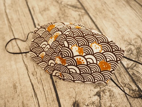 sunflowercorsage 英國製作 環保可洗 和風咖啡貓青海波棉麻口罩 可放入濾芯口罩
