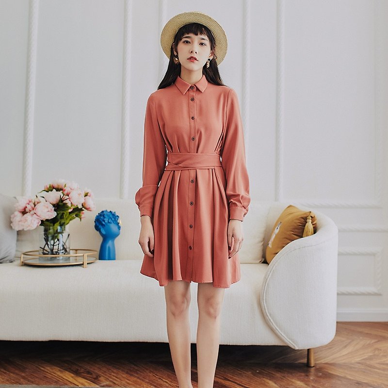 2018 autumn women's new literary retro two sides belt tether shirt dress dress - One Piece Dresses - Other Materials Pink