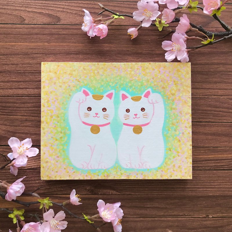 招き猫　2匹の招き猫とお花畑　一点物絵画 - ポスター・絵 - 木製 イエロー