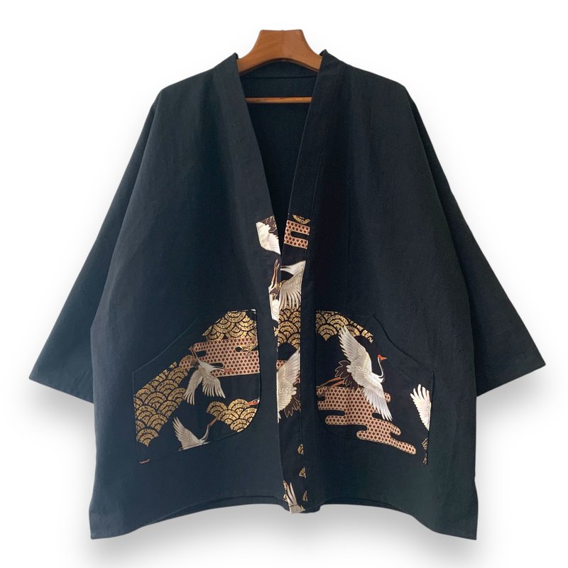 Kimono Style Outer With Three Quarter Sleeves - Cotton - Men's Coats & Jackets - Cotton & Hemp Black