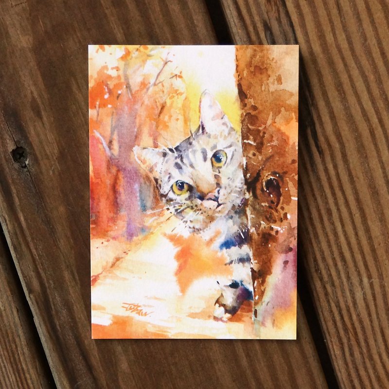 Watercolor painted hair boy series postcard - a look at the maple - การ์ด/โปสการ์ด - กระดาษ สีส้ม