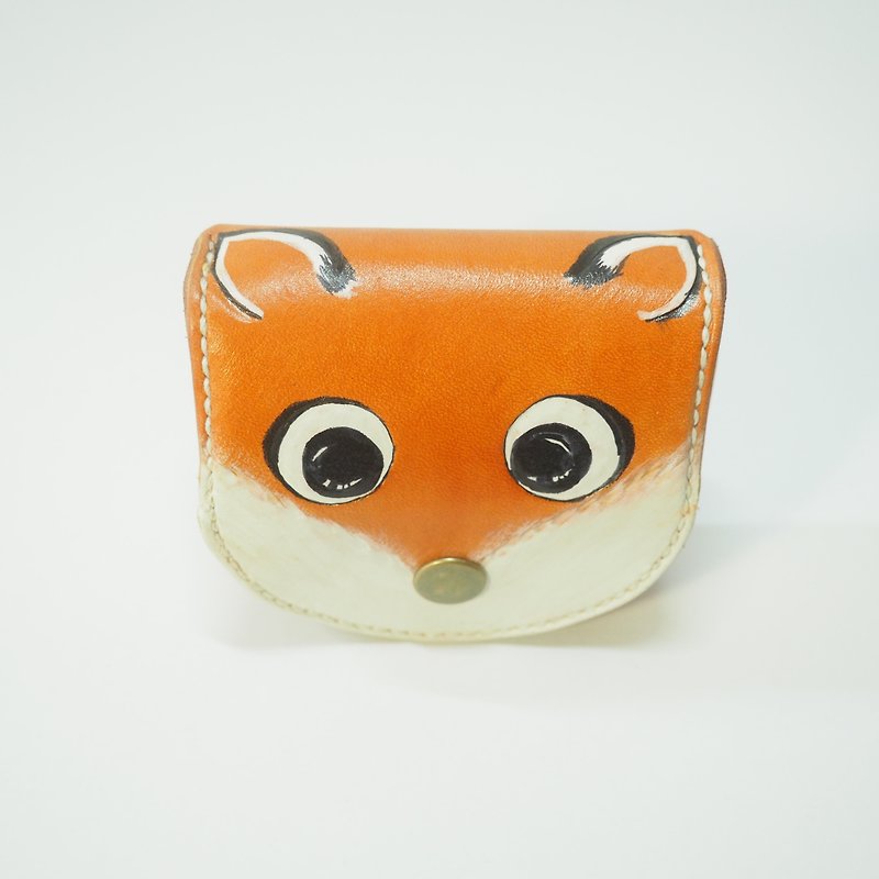 Round big eyes small fox leather coin purse - กระเป๋าใส่เหรียญ - หนังแท้ สีส้ม