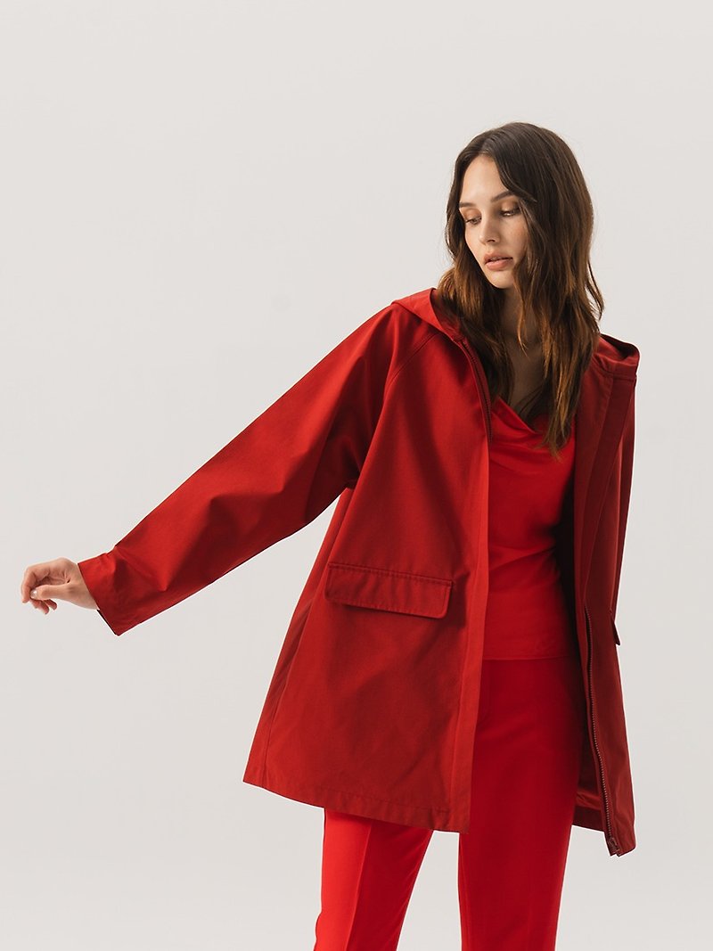 環保女連帽風衣外套 (3色) - 女大衣/外套 - 聚酯纖維 紅色