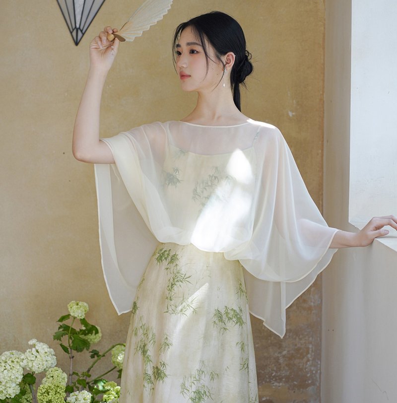 【青竹綠】新中式復古中國風 清冷感印花罩衫+吊帶長裙 - 裙子/長裙 - 其他材質 綠色