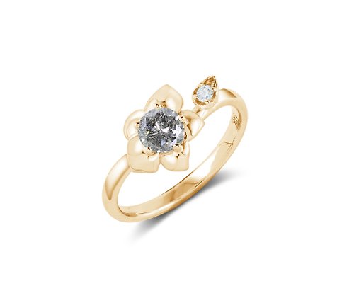 Majade Jewelry Design 灰鑽石14k黃金花朵訂婚戒指 非傳統蘭花結婚戒指 大自然花卉戒指