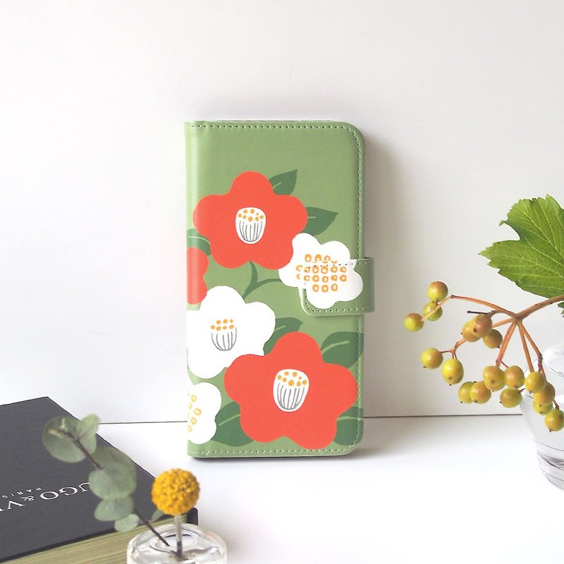 Notebook type phone case - Camellia Japonica / tea green- - เคส/ซองมือถือ - หนังเทียม สีเขียว