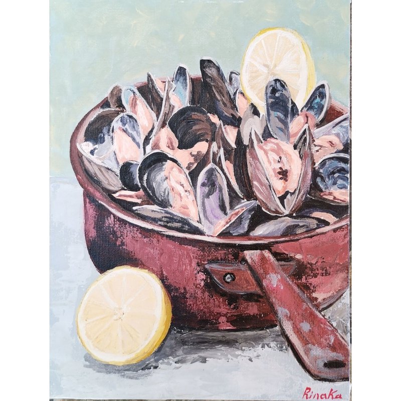 Mussels Sea Food Original Framed Wall Art Kitchen Painting By RinaArtSK - Wall Décor - Other Materials Multicolor