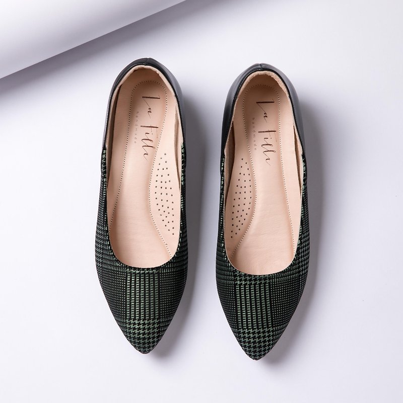 [Clear Product] Plaid Heels_Green Black - รองเท้าส้นสูง - หนังแท้ สีเขียว