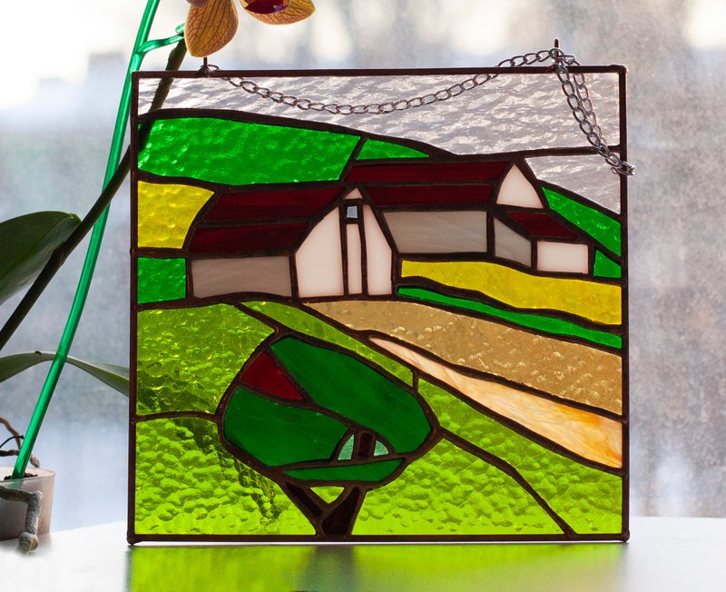 Stained glass window - Small village. Glass Suncatcher - 壁貼/牆壁裝飾 - 玻璃 黃色