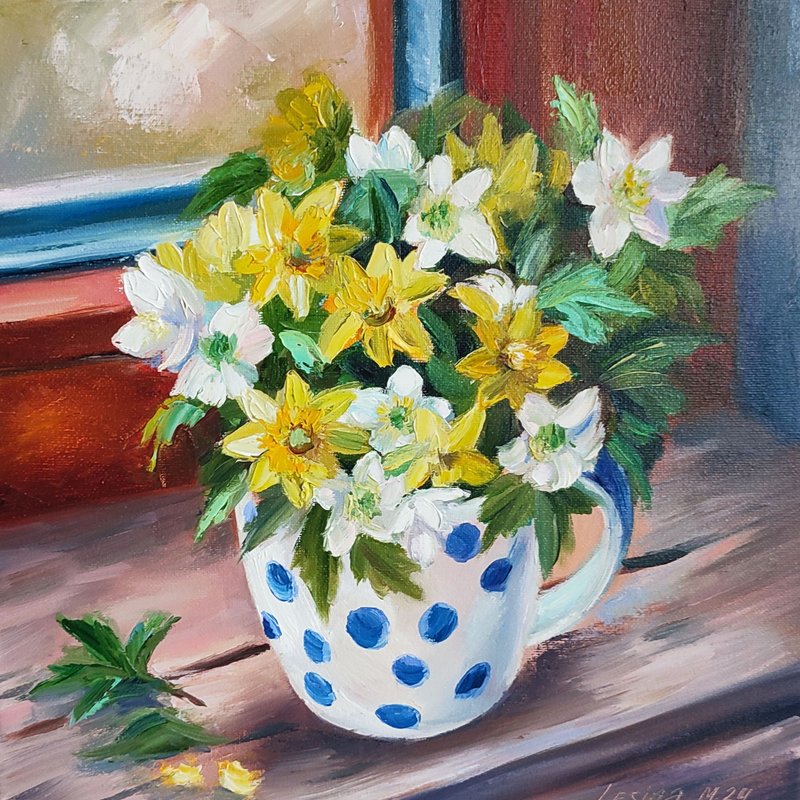 Wild Flowers Painting Flower Original Art Canvas Still life Oil Artwork Bouquet - ตกแต่งผนัง - วัสดุอื่นๆ สีเหลือง