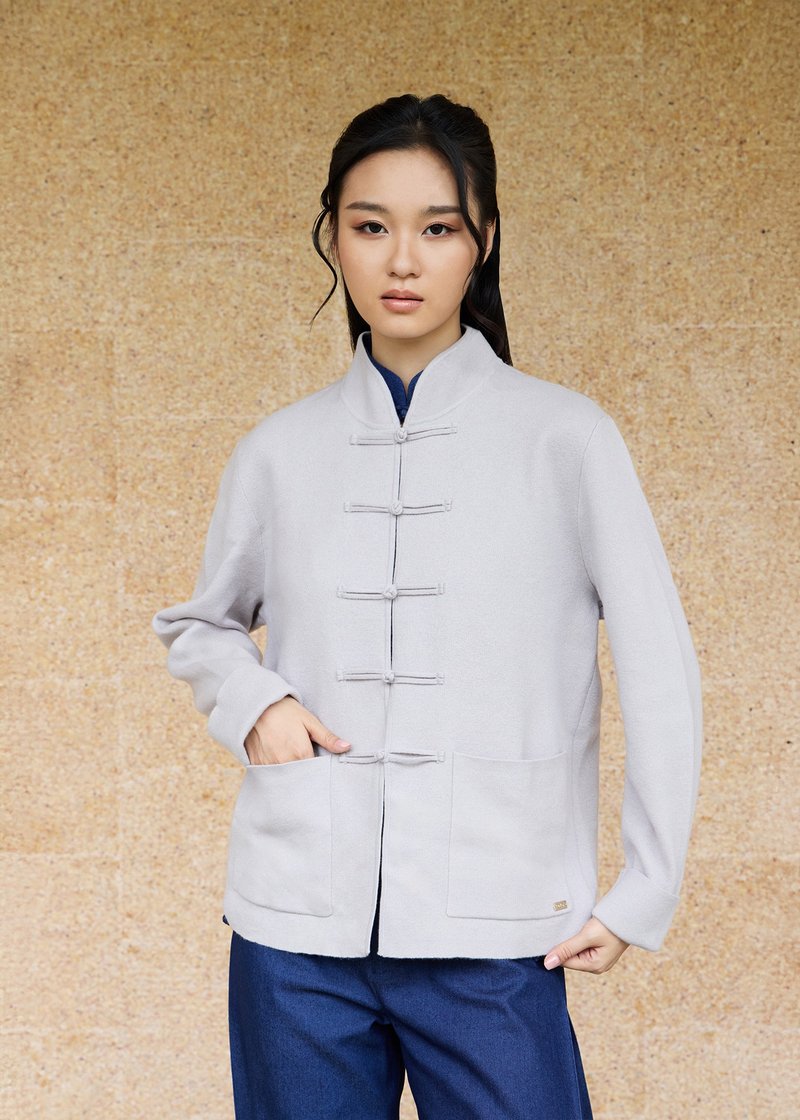 針織唐裝開襟外套(卡其灰色) |香港設計 | 新中式 - 女毛衣/針織衫 - 羊毛 卡其色