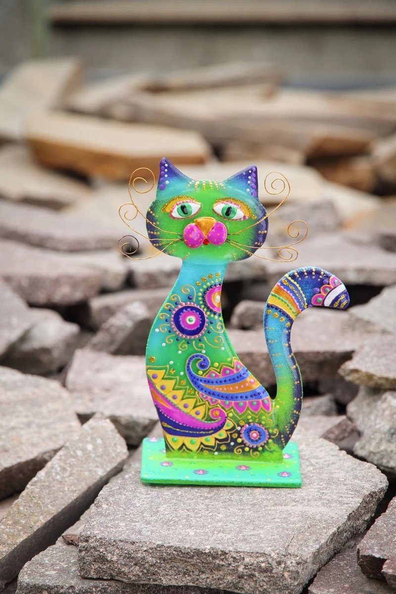 Cat Colorful Figurine for Display Glass Painted Art Home Decor Unique Statuette - 壁貼/牆壁裝飾 - 玻璃 綠色