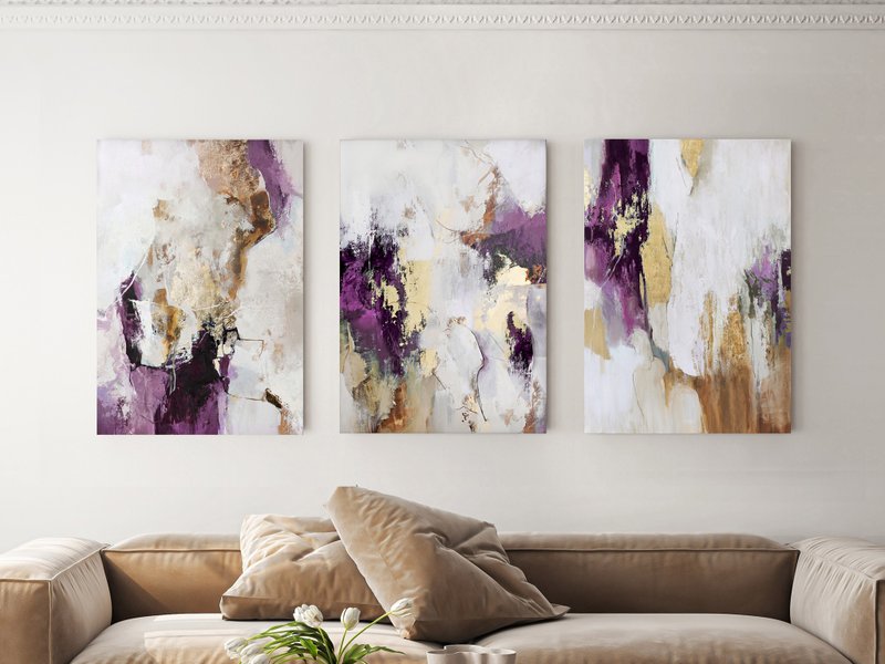 Purple abstract painting | Triptych wall art abstract  | Pink Flow Set of 3 - 壁貼/牆壁裝飾 - 棉．麻 紫色