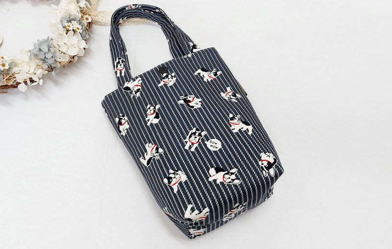 French Bulldog Puppies [Water-Resistant Interior] Drink Carrier - Water Bottle Holder - Tumbler Carrier - Everyday Tote - Gift - ถุงใส่กระติกนำ้ - ผ้าฝ้าย/ผ้าลินิน สีเทา