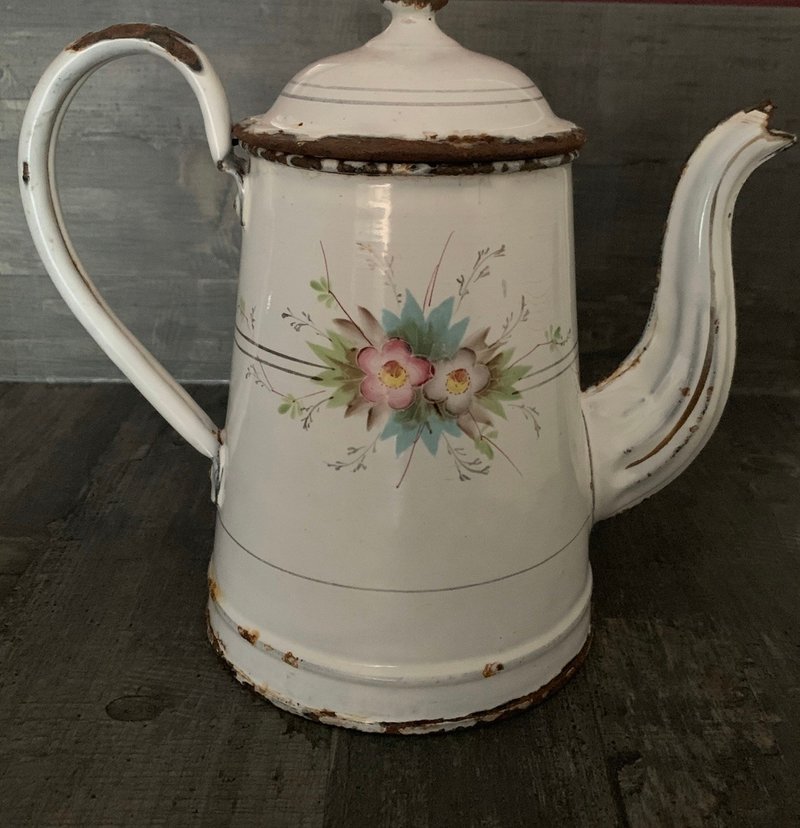 法國復古antique花繪玫瑰花束琺瑯茶壼 - 茶壺/茶杯/茶具 - 琺瑯 白色