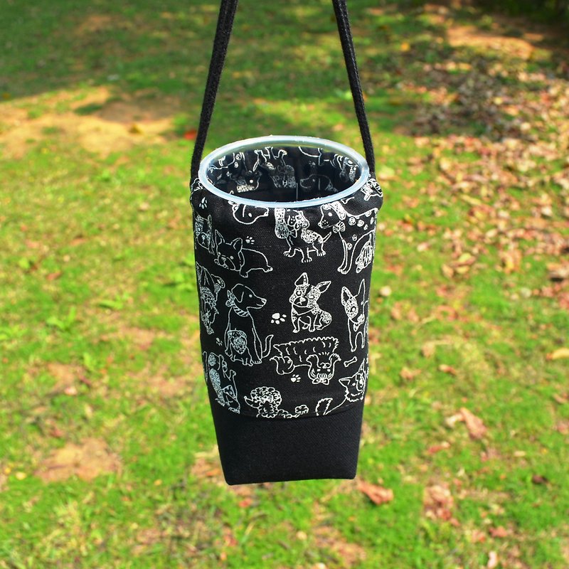 Cute dogs beverage bag/water bottle holder/beverage carrier/bunch pocket - ถุงใส่กระติกนำ้ - ผ้าฝ้าย/ผ้าลินิน สีดำ
