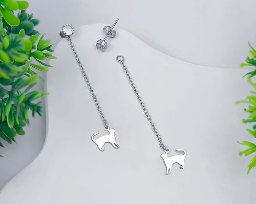 吳小姐3d訂製珠寶 想玩耍的貓 兩用單鑽垂墜耳環-迷你動物剪影系列-抗敏醫療鋼