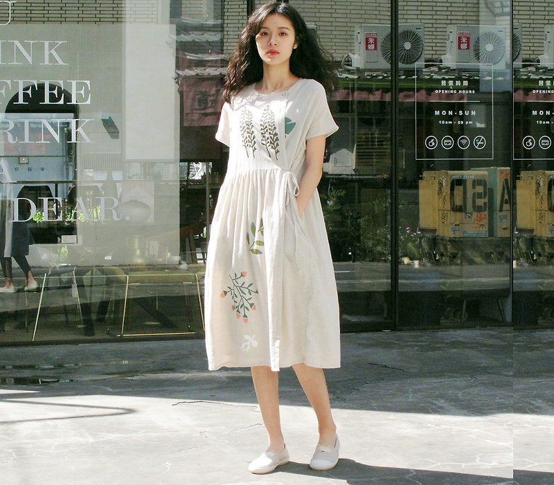 Cognoscenti rice apricot bandage dress flowers/cotton/long dress - Women's Vests - Cotton & Hemp Khaki