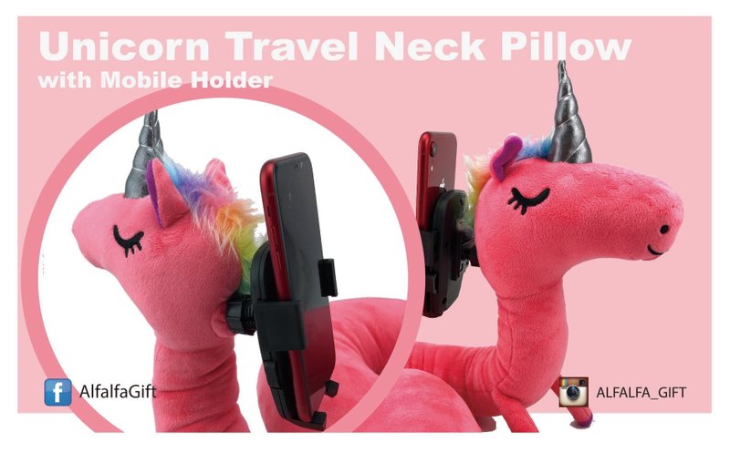 ユニコーン-モバイルホルダー付きトラベルネックピロー - 枕・クッション - ポリエステル ピンク