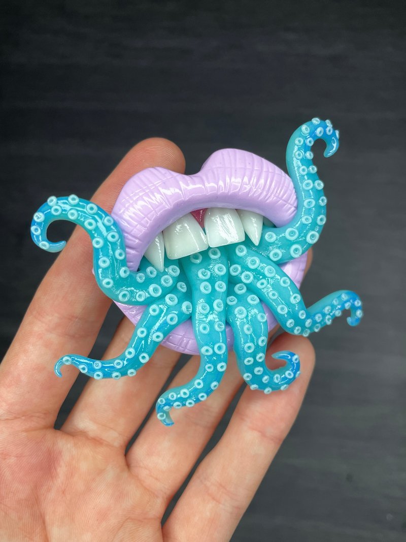 Brooch. Purple lips with blue tentacles. - Brooches - Clay 