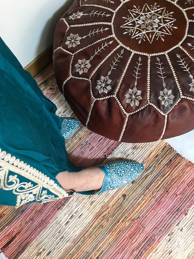 モロッコ革彫刻手作り靴オーシャンブルートウシューズ屋内靴 - ルームシューズ・スリッパ - 革 ブルー