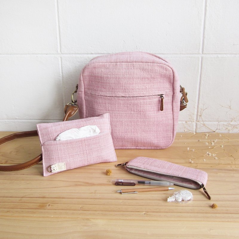 Goody Bag / A Set of Cross-body Bags Little Tan Extra Bag with Tissue Paper Case and Pencil Bag in Pink Color Cotton - Messenger Bags & Sling Bags - Cotton & Hemp Pink
