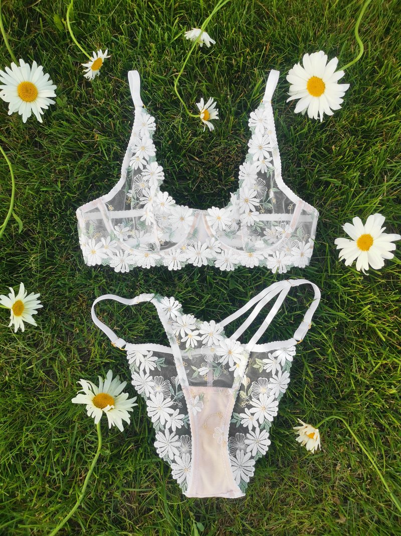 White daisies lingerie set - Flower lace bra and panties - Sexy summer underwear - 女內衣褲 - 聚酯纖維 白色
