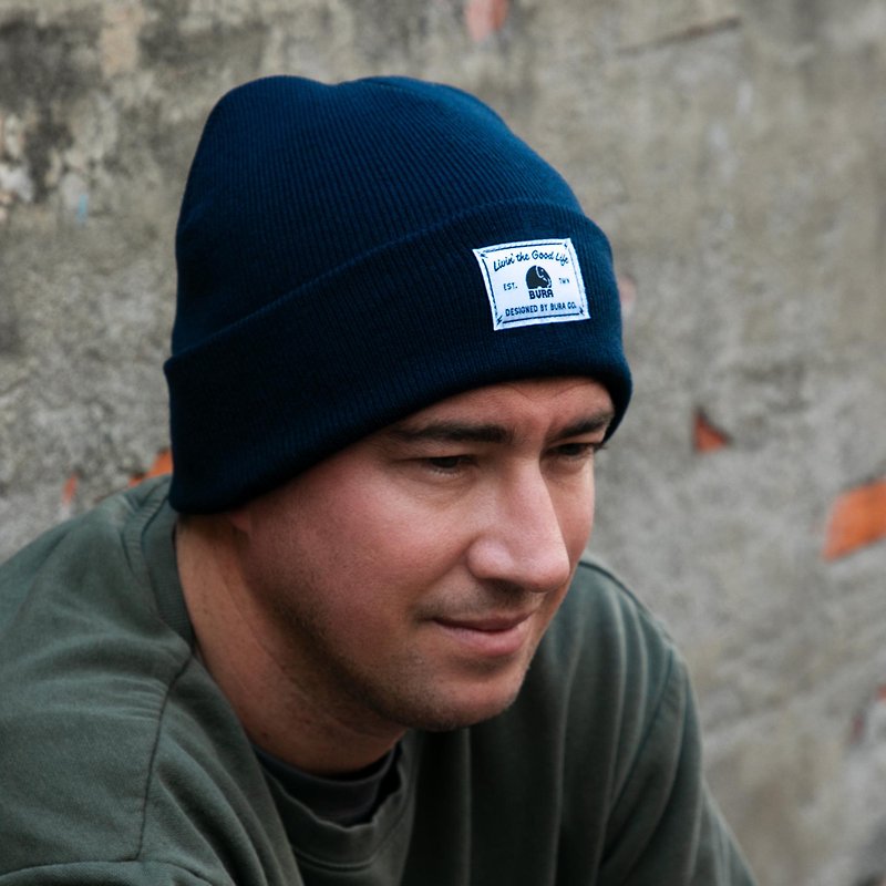 BURA Winter Beanie with Custom Designed Woven Patch Navy Blue - Hats & Caps - Other Materials Blue