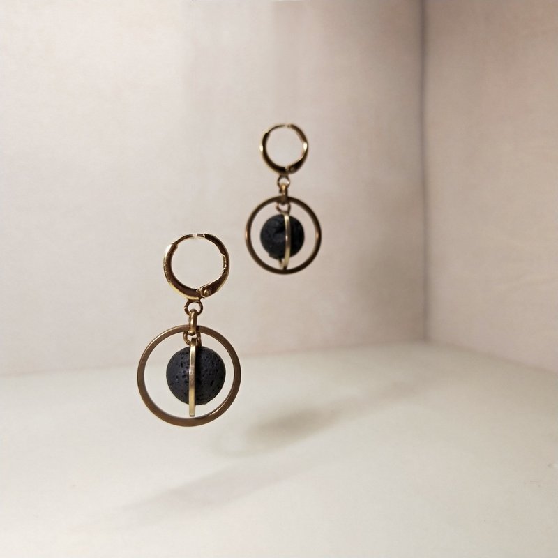 Bronze natural stone earrings - design models - the universe of galaxies - meteorites (volcanic rock) - ต่างหู - ทองแดงทองเหลือง สีดำ