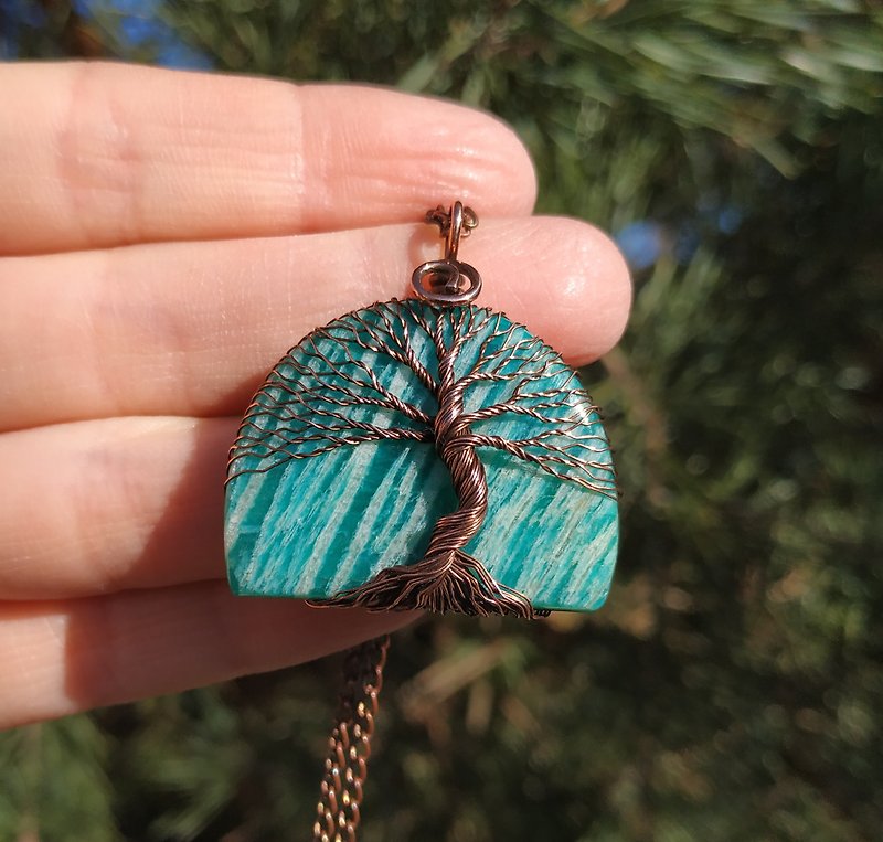 Copper 7th Wedding Anniversary Wife Gift, Amazonite Copper Tree Of Life Pendant - Necklaces - Other Metals Blue