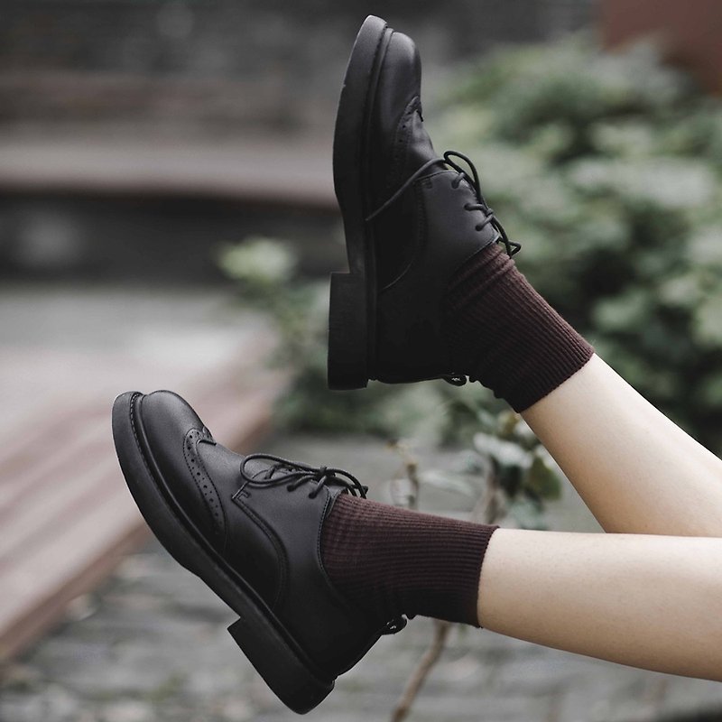 Japanese retro single shoes brogue women's shoes lace up thick-soled women's shoes - Women's Leather Shoes - Genuine Leather Black