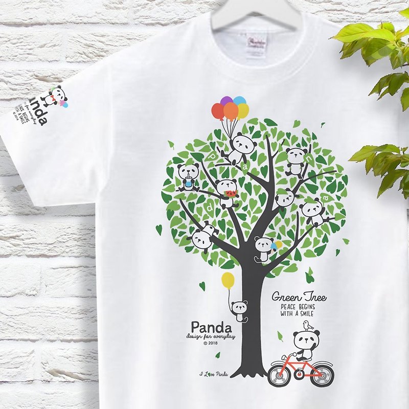 パンダと緑の木 Panda and Green Tree  Tシャツ　150 160  S-XLサイズ【受注生産品】 - 中性衛衣/T 恤 - 棉．麻 白色