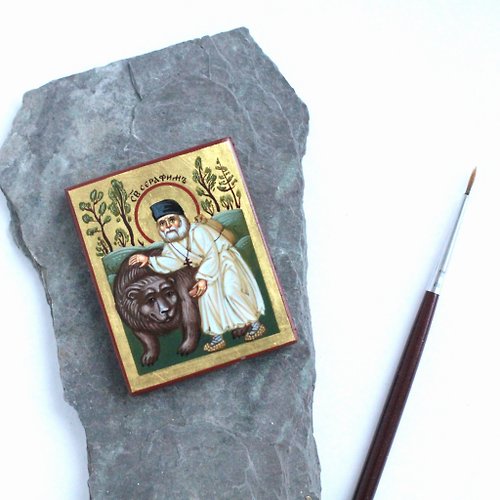 Orthodox small icons hand painted orthodox wood icon Saint Venerable Seraphim of Sarov with bear