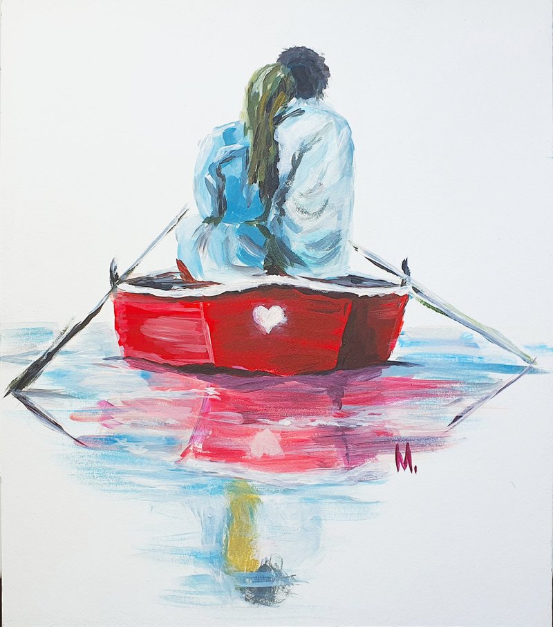 Couple Lovers Painting Paris Romantic Kiss Original Art Boat Figures Boy Girl - 海報/掛畫/掛布 - 其他材質 紅色