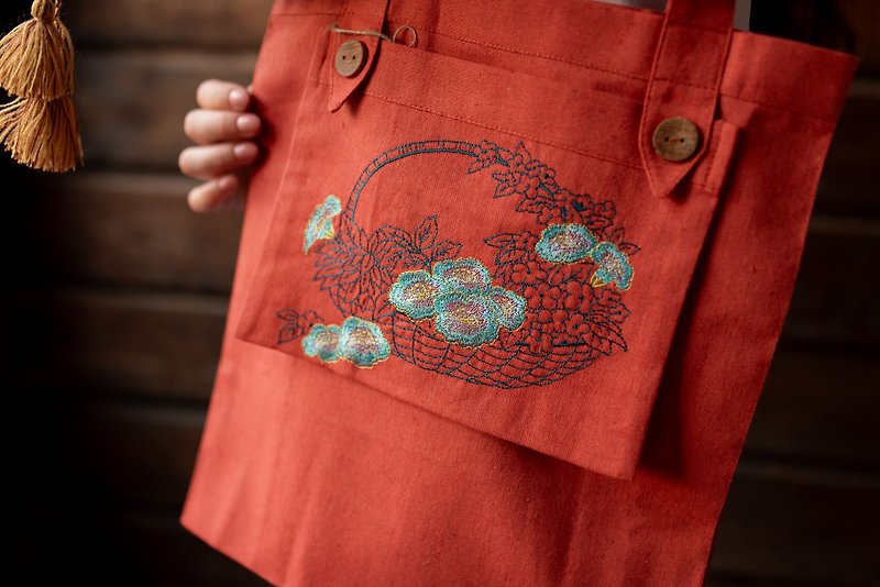 刺繍プレス、花柄刺繍入りリントートバッグ、リンショルダーバッ - 手提包/手提袋 - 棉．麻 紅色