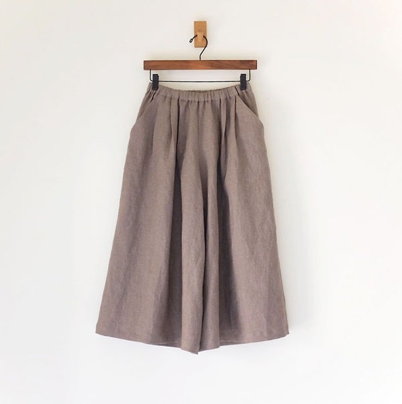 Daily hand-made mocha pleated wide pants skirt linen - กางเกงขายาว - ผ้าฝ้าย/ผ้าลินิน สีกากี