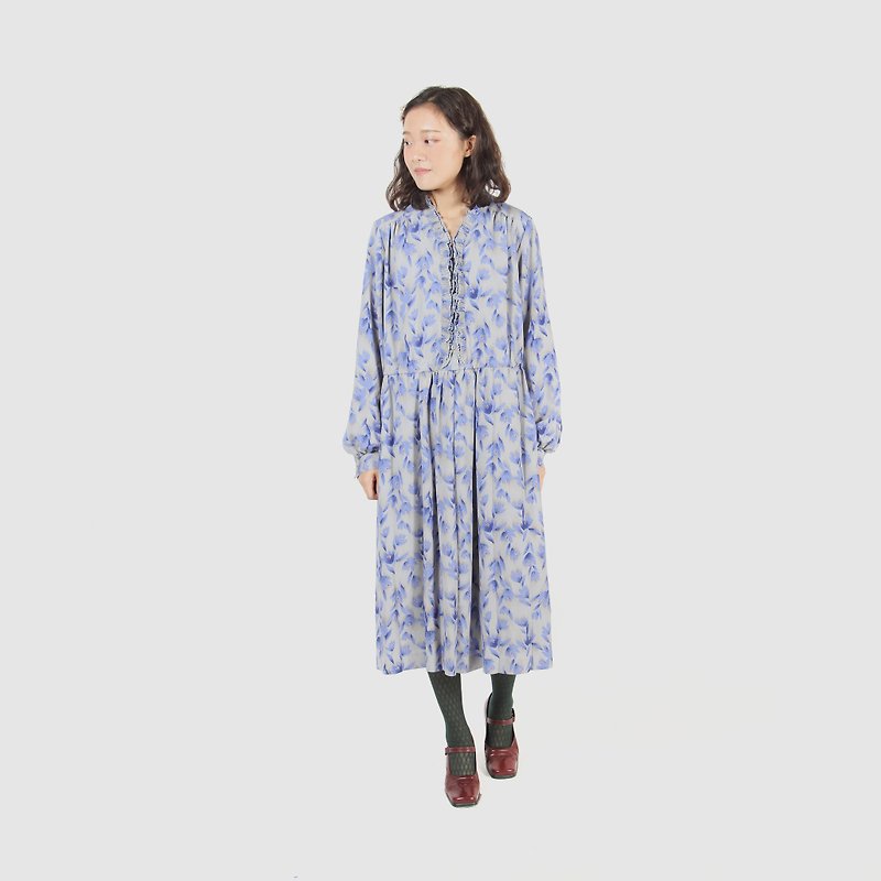 [Egg plant ancient] Lanyang flower print vintage dress - One Piece Dresses - Polyester Blue