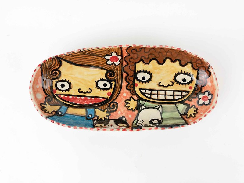 Nice Little Clay handmade six-legged boy and girl 0305-16 - Small Plates & Saucers - Pottery Brown