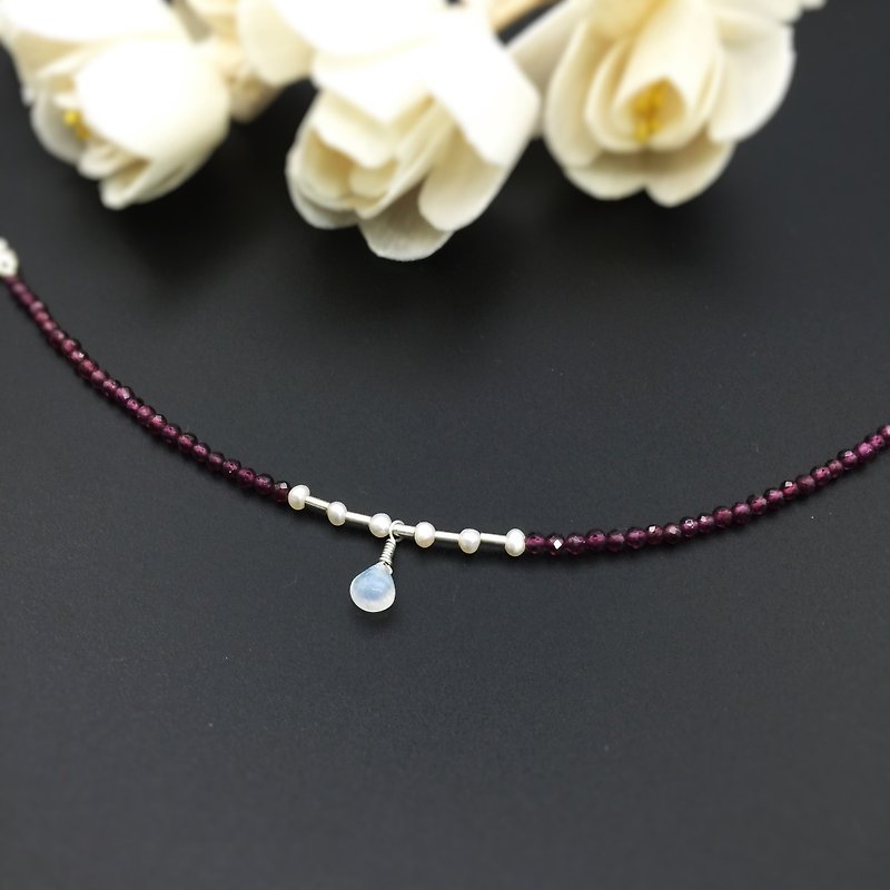 Water Dropstone Diamond Cut Red Pomegranate Small Pearl Sterling Silver Bracelet Light Jewelry - Bracelets - Gemstone Red