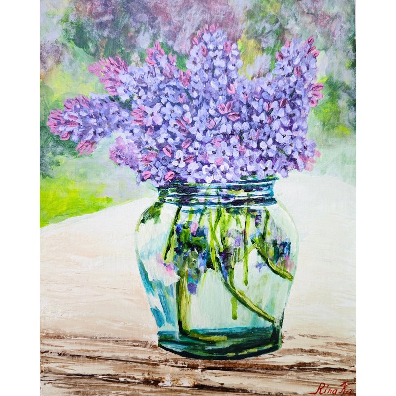 玻璃容器中的紫丁香花束花卉繪畫 RinaArtSK 原創藝術作品 - 壁貼/牆壁裝飾 - 其他材質 多色
