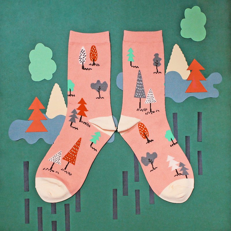 小森林棉質中筒襪 / 襪子 / 煙燻粉 - 襪子 - 棉．麻 粉紅色
