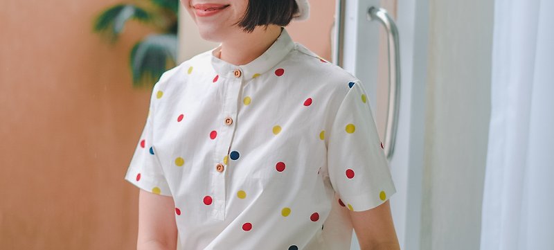 Taru Shorto The mandarin collar : Polka Dot - เสื้อเชิ้ตผู้หญิง - ผ้าฝ้าย/ผ้าลินิน ขาว