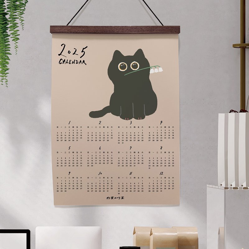 Mori Ou Illustration 2025 Calendar Black Cat Holding Flowers Calendar Poster Home Decoration Store Decoration Exchange Gift - ปฏิทิน - กระดาษ 