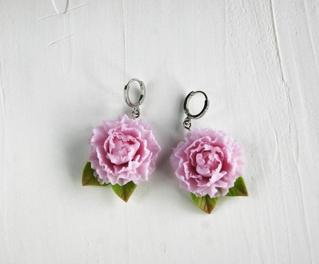 SANTUZZA Handmade Pink Enamel Peony Flower Pierce Dangling Earring